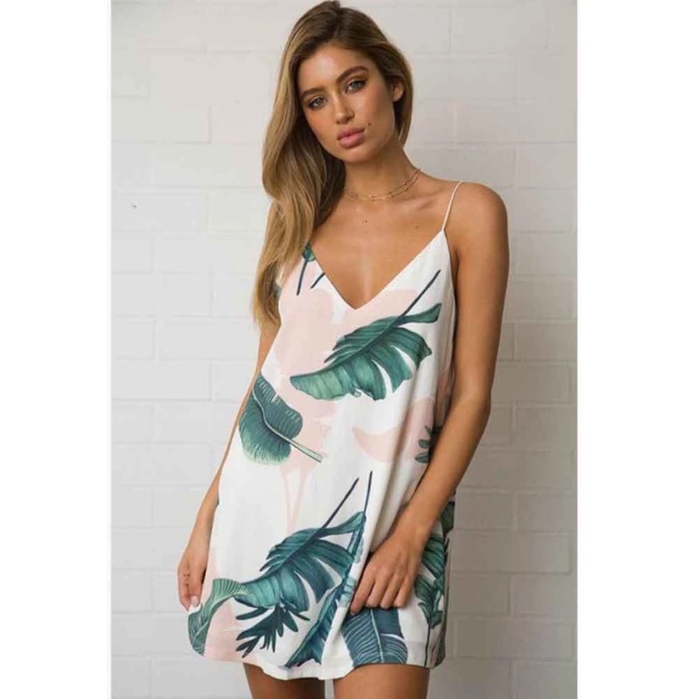 Spaghetti Strap Palm Leaf Dress